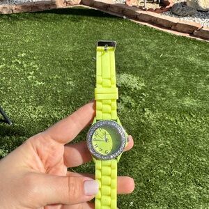 Geneva ladies lime yellow rubber band watch jeweled bezel